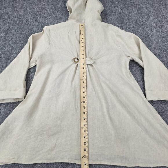 For Cynthia Jacket Womens Large Beige Hooded 100% Linen Flare Button Detail Coat - Picture 6 of 16